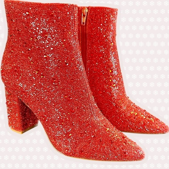 NWT Betsey Johnson ‘Cady’ Red Rhinestone Embellished Block Heel Ankle Boots 5.5